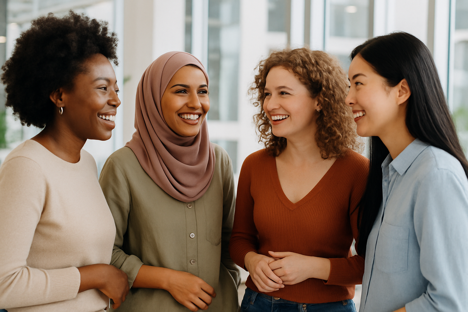 A diverse group of smiling women talking together.